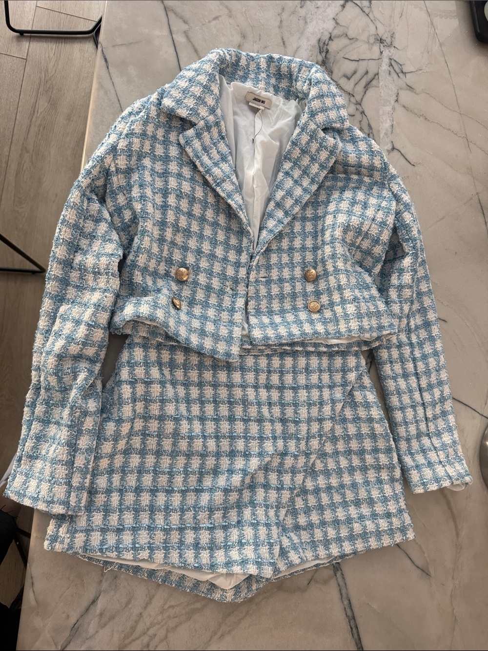 Jason Wu Cropped Tweed Blazer & Shorts - Light Blue & White
